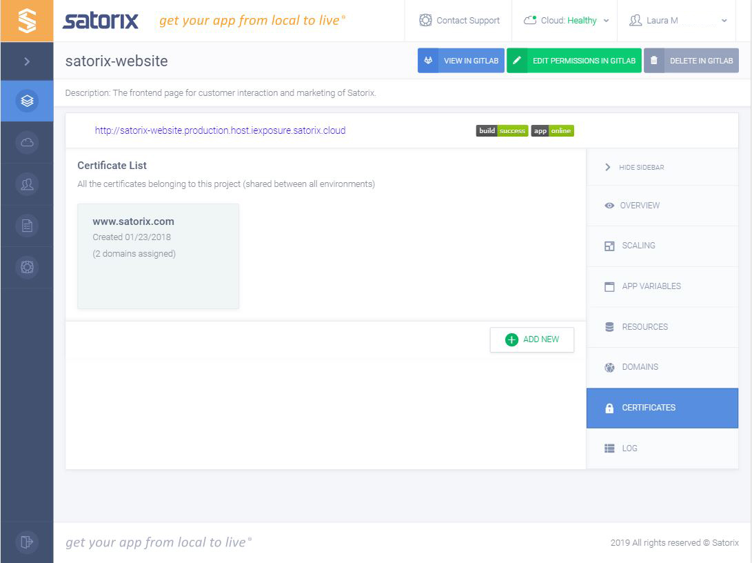 Dashboard Application SSL Certificates Page