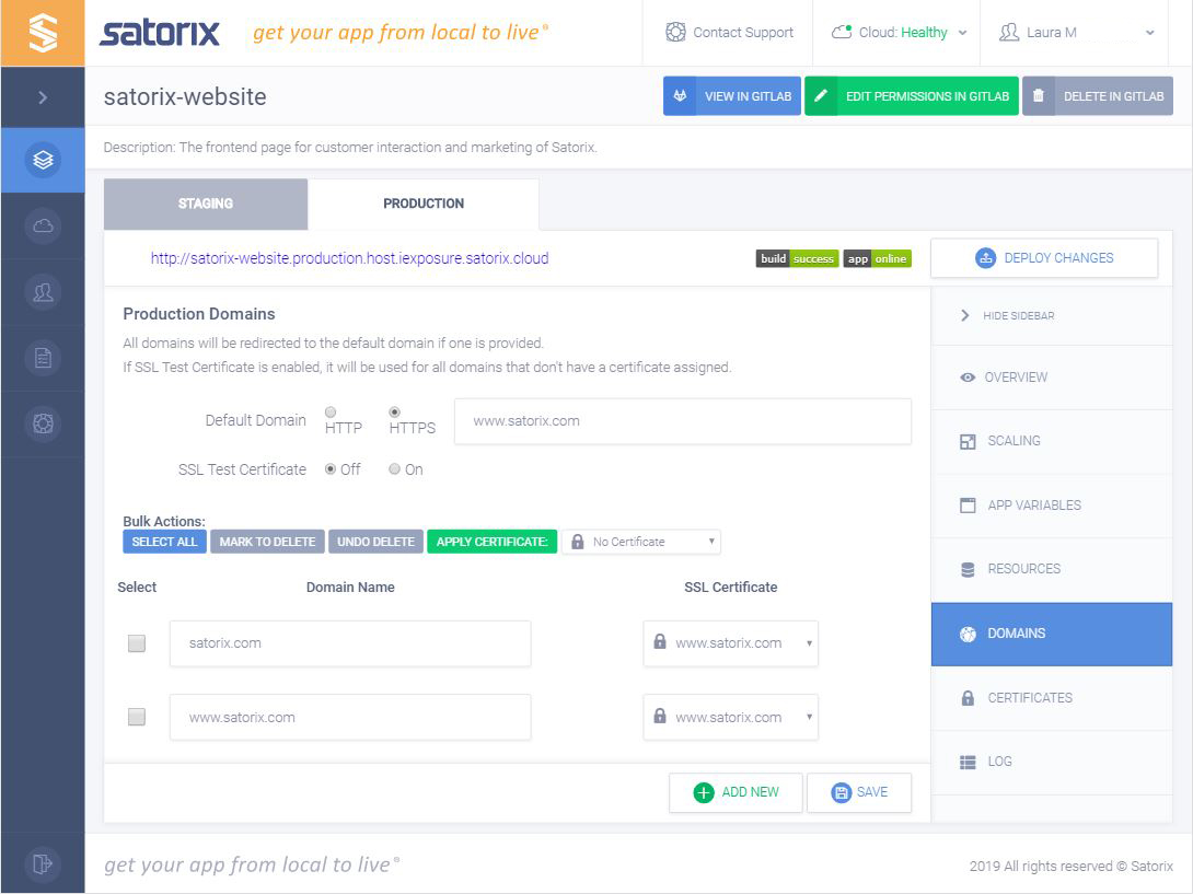 Dashboard Application Domains Page