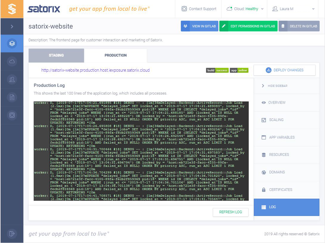 Dashboard Application Logging Page