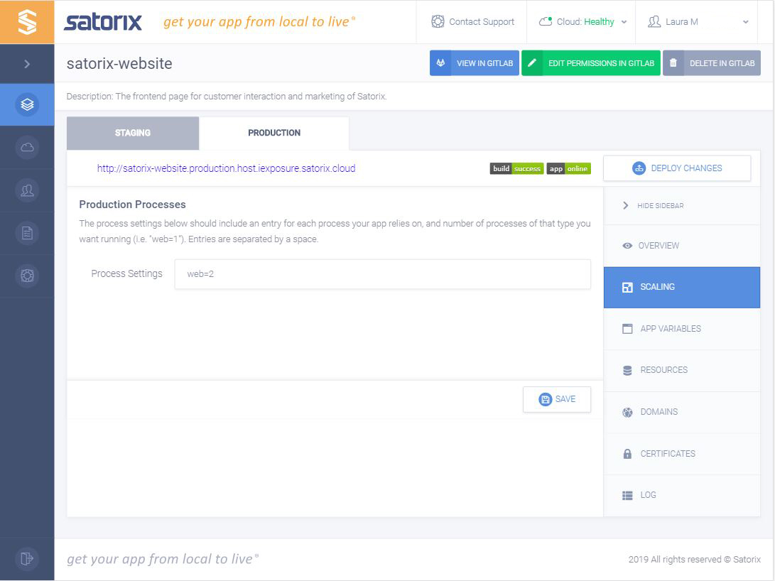 Dashboard Application Scaling Page